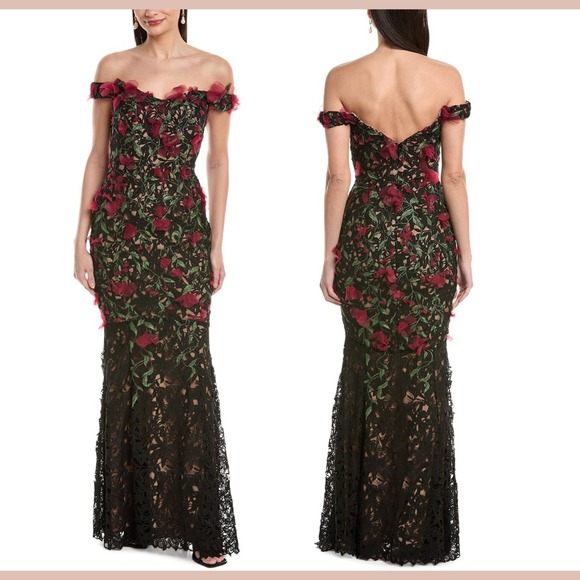 NEW $1095 Marchesa Notte [ 6 ] Guipure Lace Off Shoulder Gown Red Black #J2150 - Picture 2 of 16